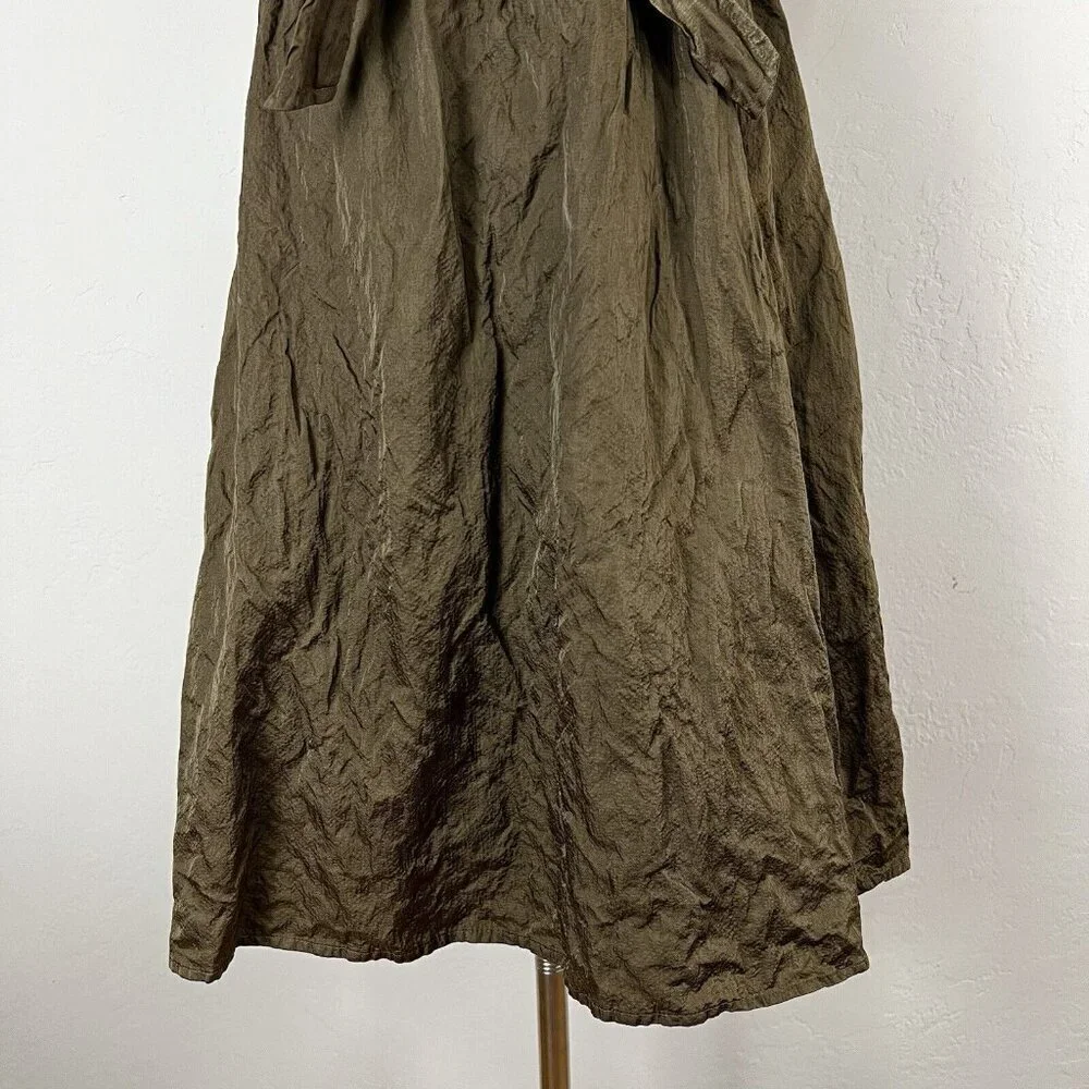 Eileen Fisher Dress Steel Satin‎ Faux Wrap Tie Front Surplice Olivine 4 Petite